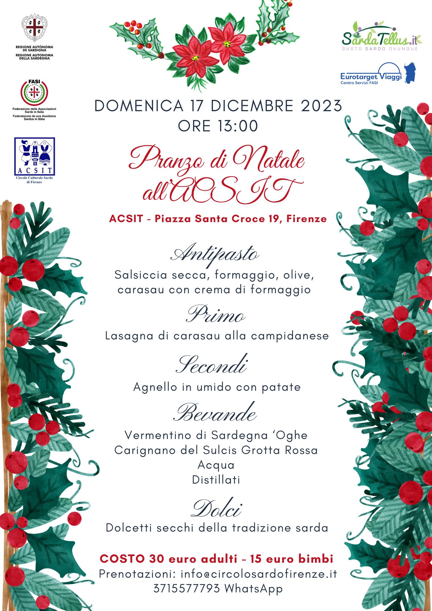 Al circolo sardo di Firenze torna il pranzo di Natale dell’ACSIT 2023
