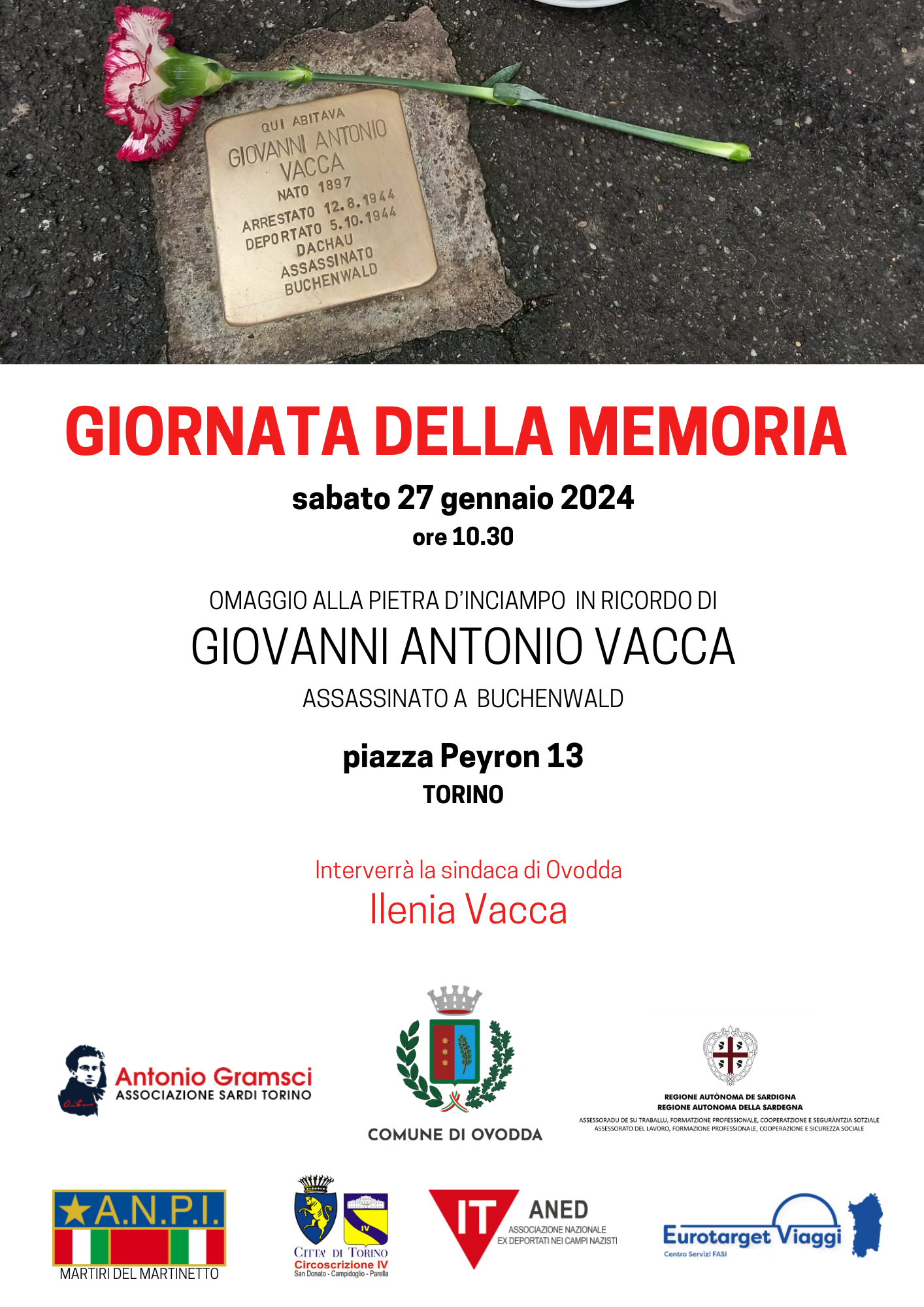 Giornata della Memoria – Sabato 27 gennaio alle 10.30, Cerimonia in omaggio alla “Pietra d’inciampo” – posta il 15 gennaio 2016 – in Piazza Peyron n.13, in ricordo di Giovanni Antonio Vacca ,avvocato di Ovodda deportato e ucciso a Buchenwald