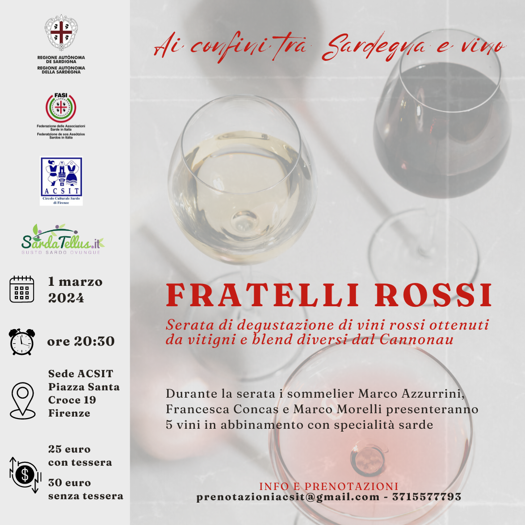 “Ai confini tra Sardegna e vino” a Firenze: degustazione dei “Fratelli rossi” del Cannonau