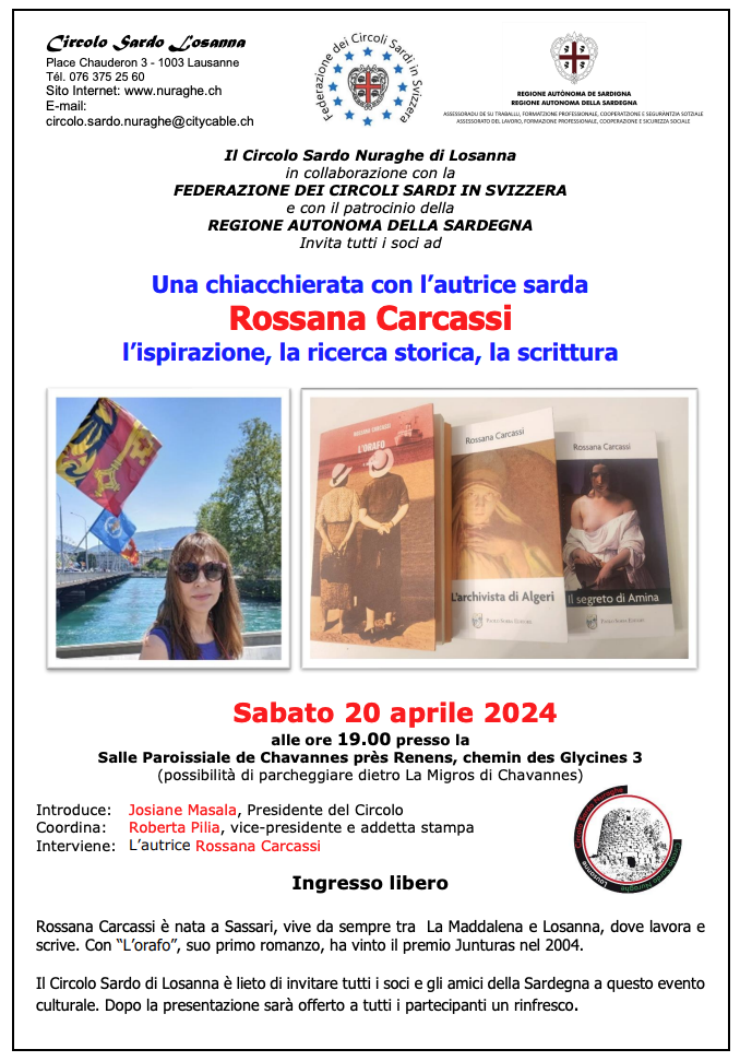 Circolo Sardo “Nuraghe” di Losanna: Una chiacchierata con l’autrice sarda Rossana Carcassi