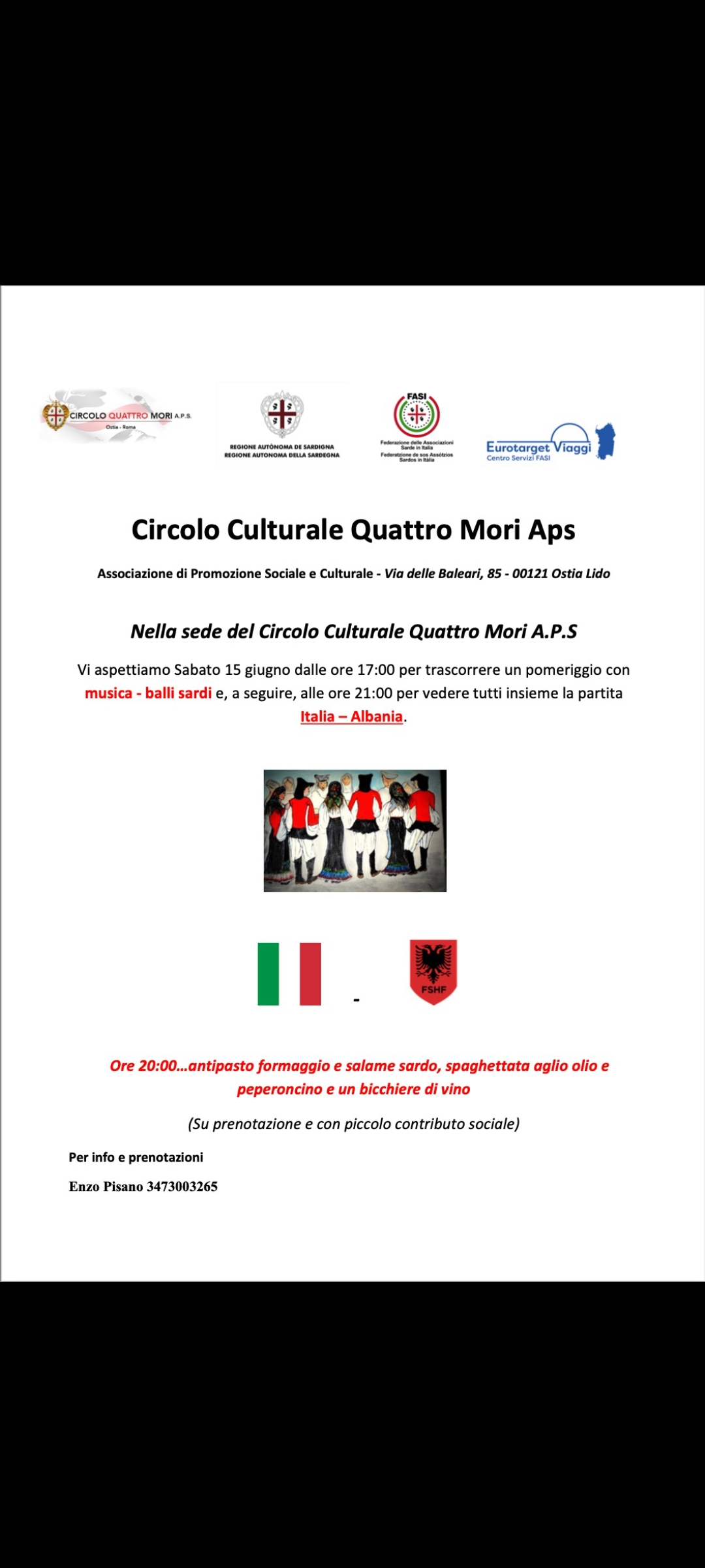 Sabato 15 giugno dalle ore 17:00 musica e balli sardi