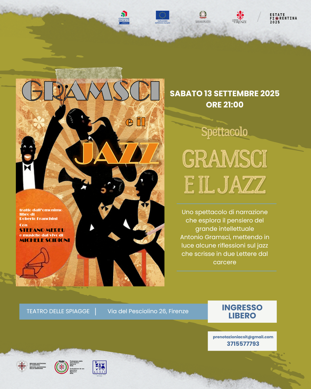 Stefano Mereu in scena a Firenze con lo spettacolo “Gramsci e il jazz”