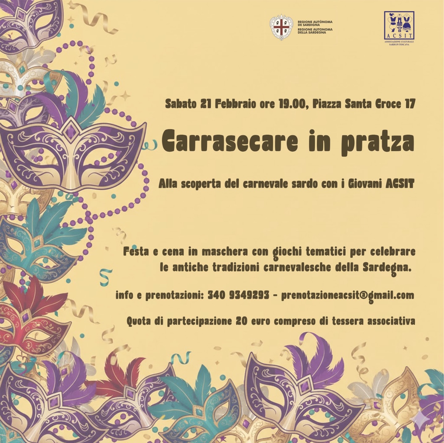 “Carrasegare in pratza 2026”, alla scoperta del carnevale sardo col gruppo giovani ACSIT